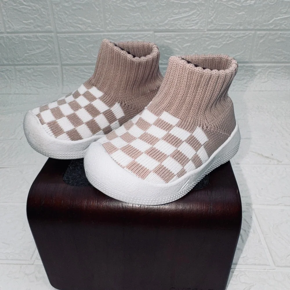 Eashi Knit Sock Sneakers Toddler 9-12 month 4.5 Tan White Checkered Slip On Shoe